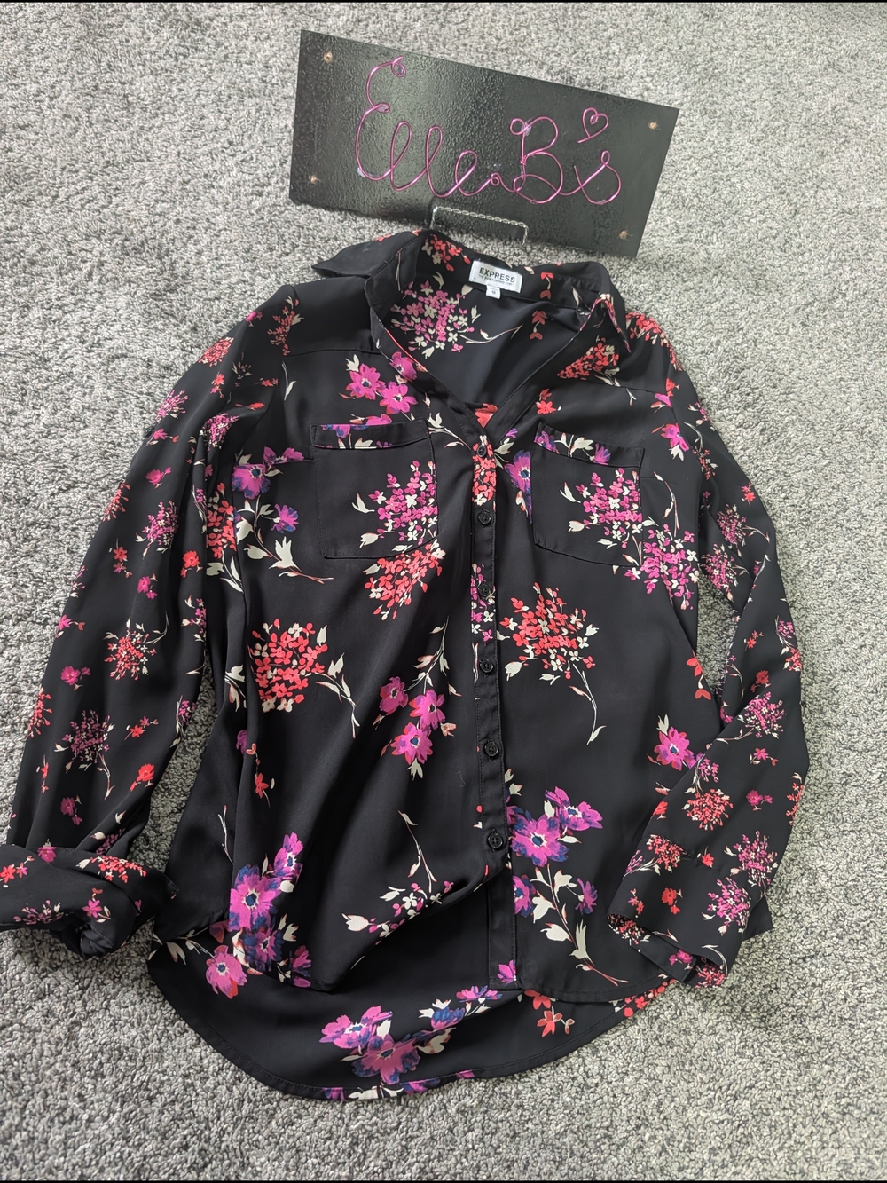 Euc Express Black Button-Down Shirt with Pink & Purple Floral Print Xs